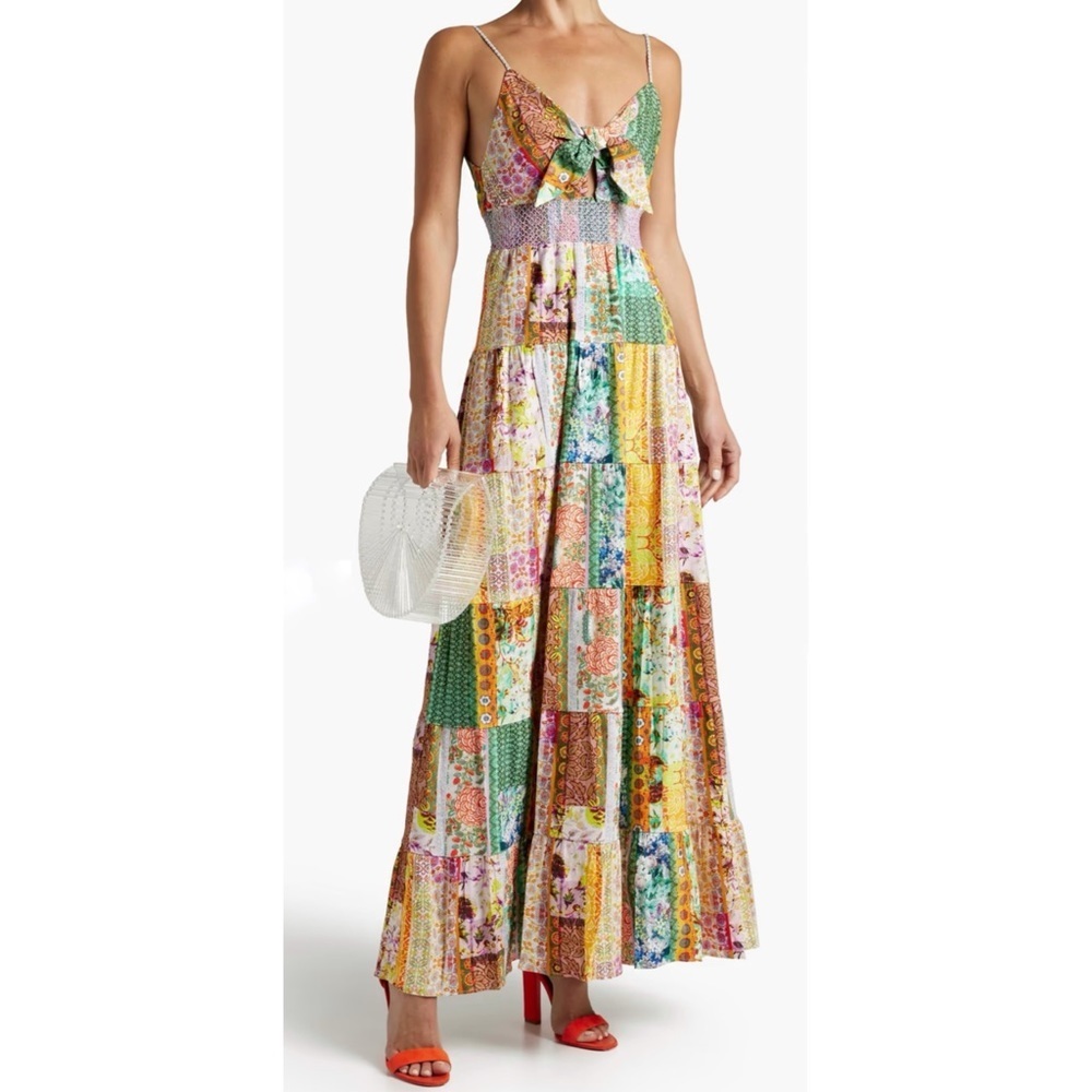 ALICE + OLIVIA deep V low back Karolina patchwork printed linen blend maxi dress